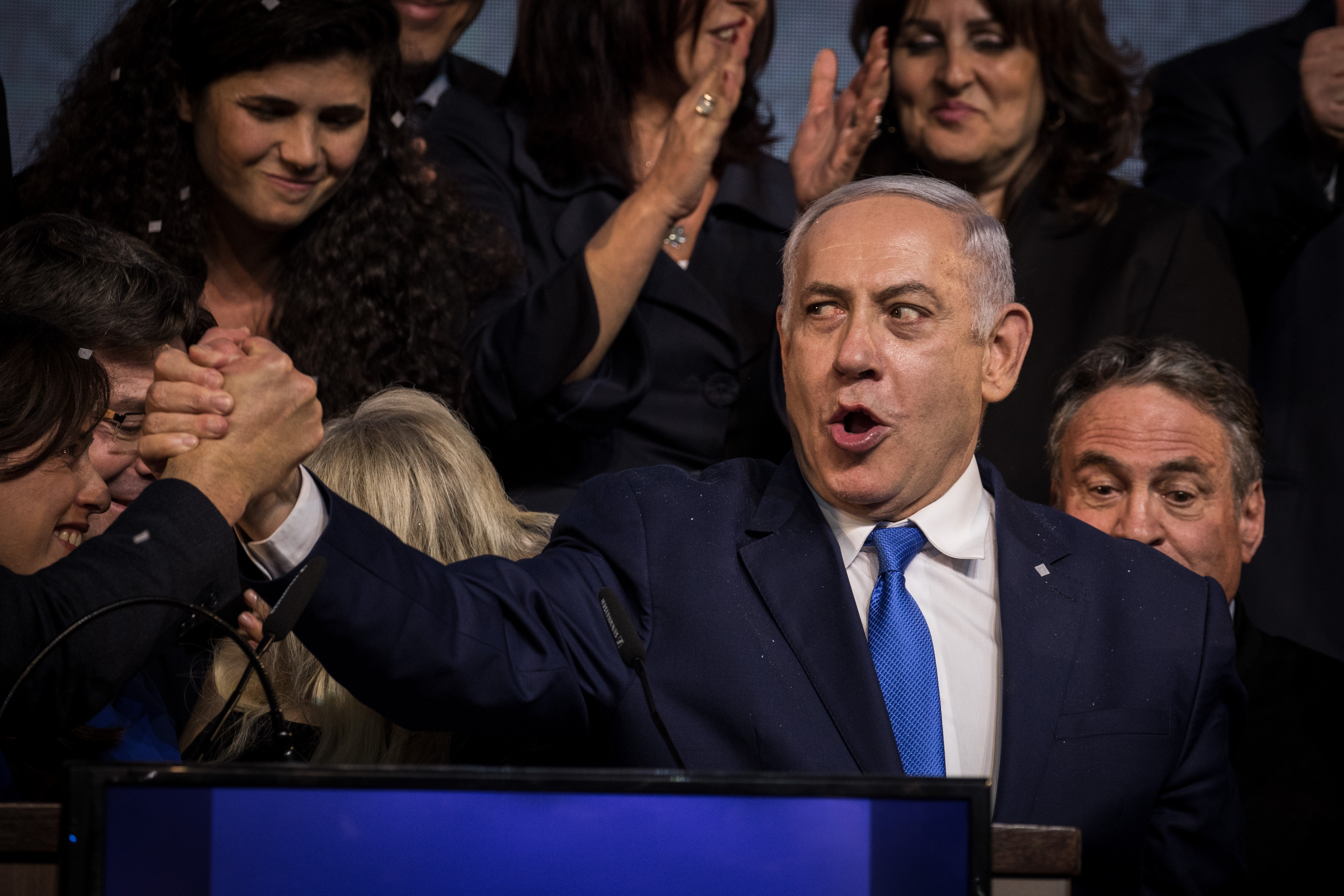 2019年4月10日，台拉維夫，以色列總理納坦亞胡在大選投票結束幾個小時後出現在執政黨利庫德黨的競選總部。（東方IC）