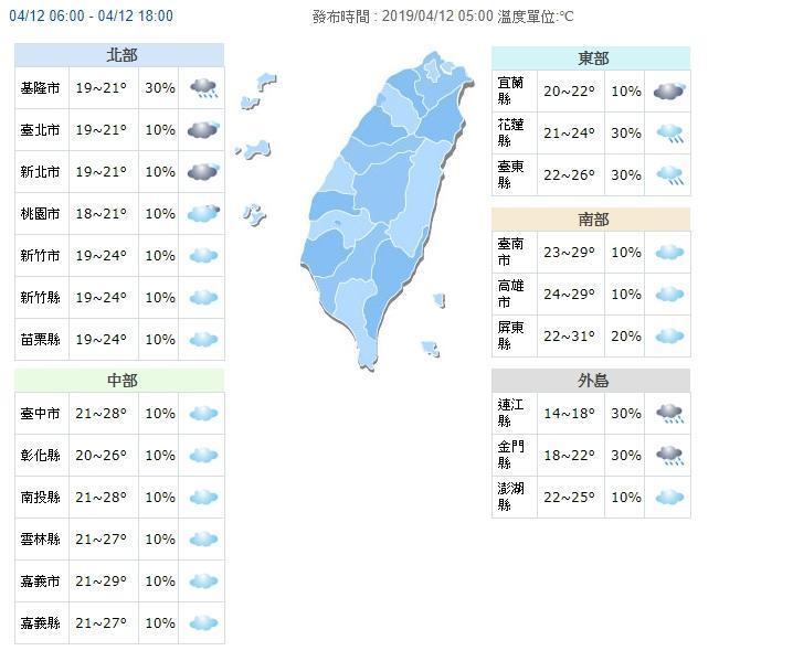 西半部雨勢趨緩,東部和各地山區有短暫陣雨。(翻攝中央氣象局)