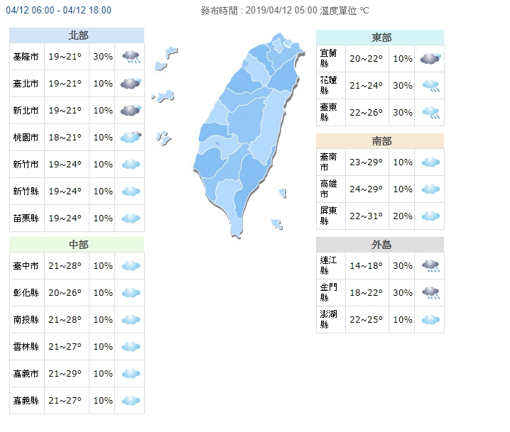 西半部雨勢趨緩,東部和各地山區有短暫陣雨。(翻攝中央氣象局)