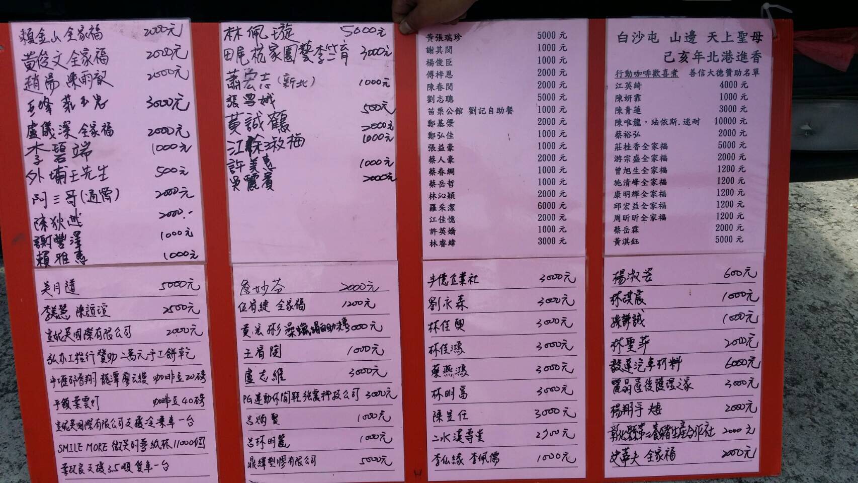 杜鴻志參與的行動咖啡攤,是一群媽祖信徒有錢出錢、有力出力合作而成的,圖為2019年咖啡攤信徒集資名單。(杜鴻志提供)