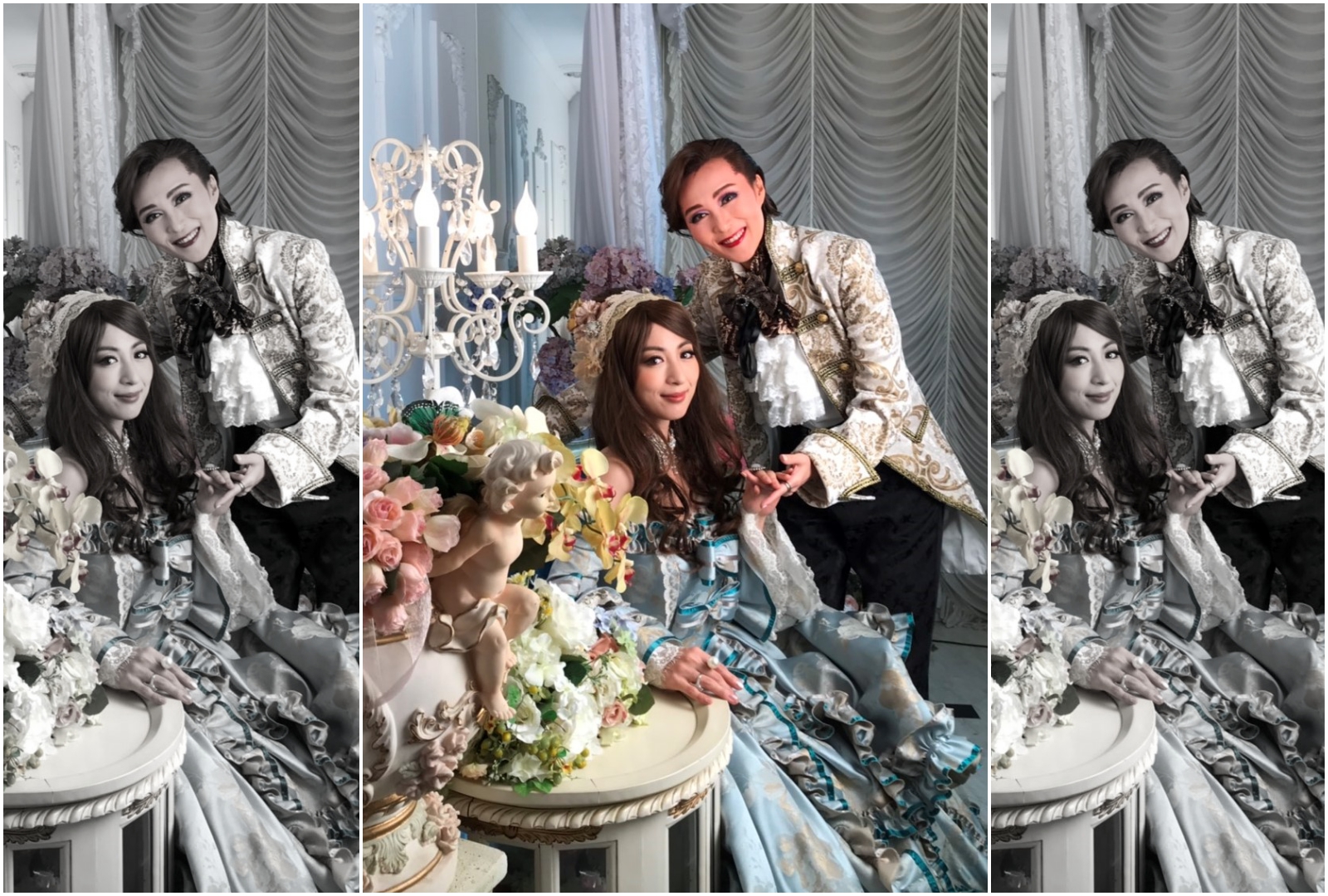 大久保麻梨子變身《凡爾賽玫瑰》的瑪莉皇后，跟直子扮演的菲爾遜伯爵玩起Cosplay。（國興衛視提供）