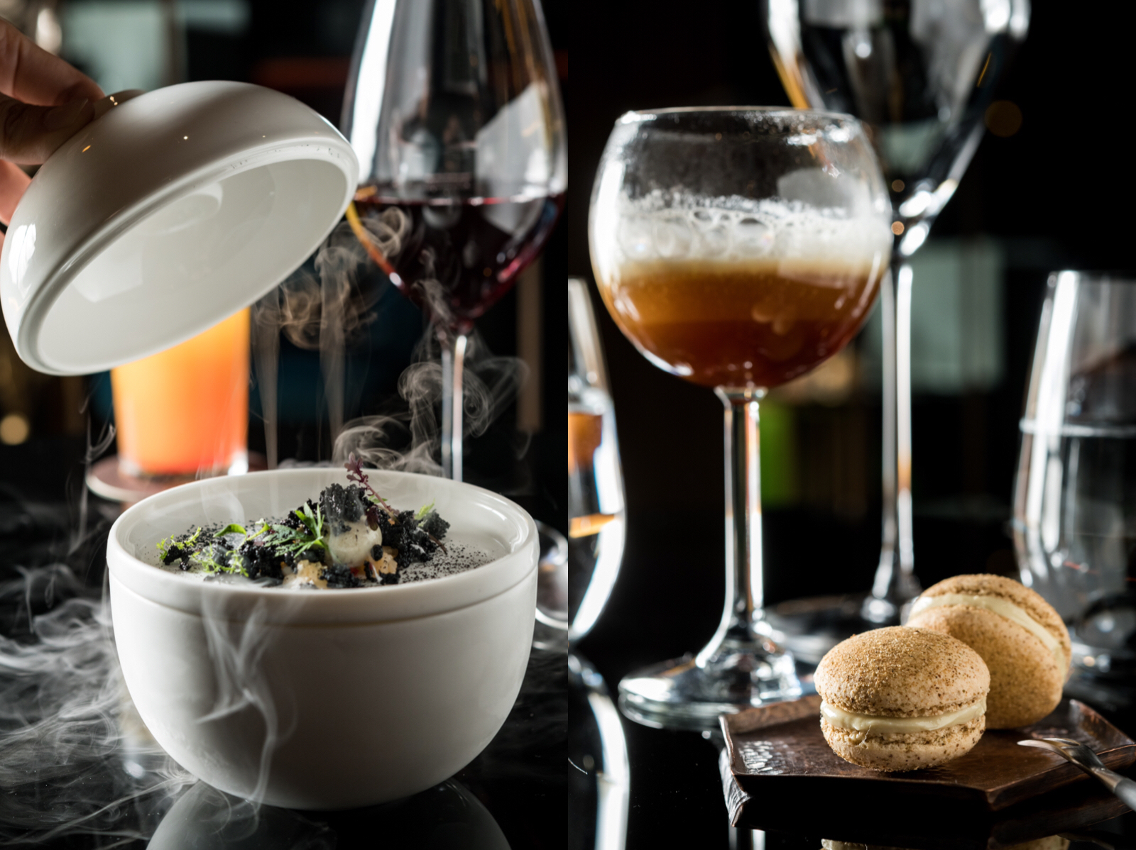 臭豆腐（左）、鳳梨苦瓜雞和薑母鴨（右），在「Daimon．犇 廚魔館」都變成令人驚奇的分子料理。