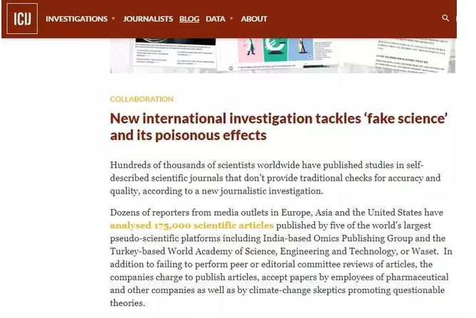圖丨國際調查記者同盟(ICIJ)曾報道作為著名偽科學出版集團的OMICS(來源:ICIJ)