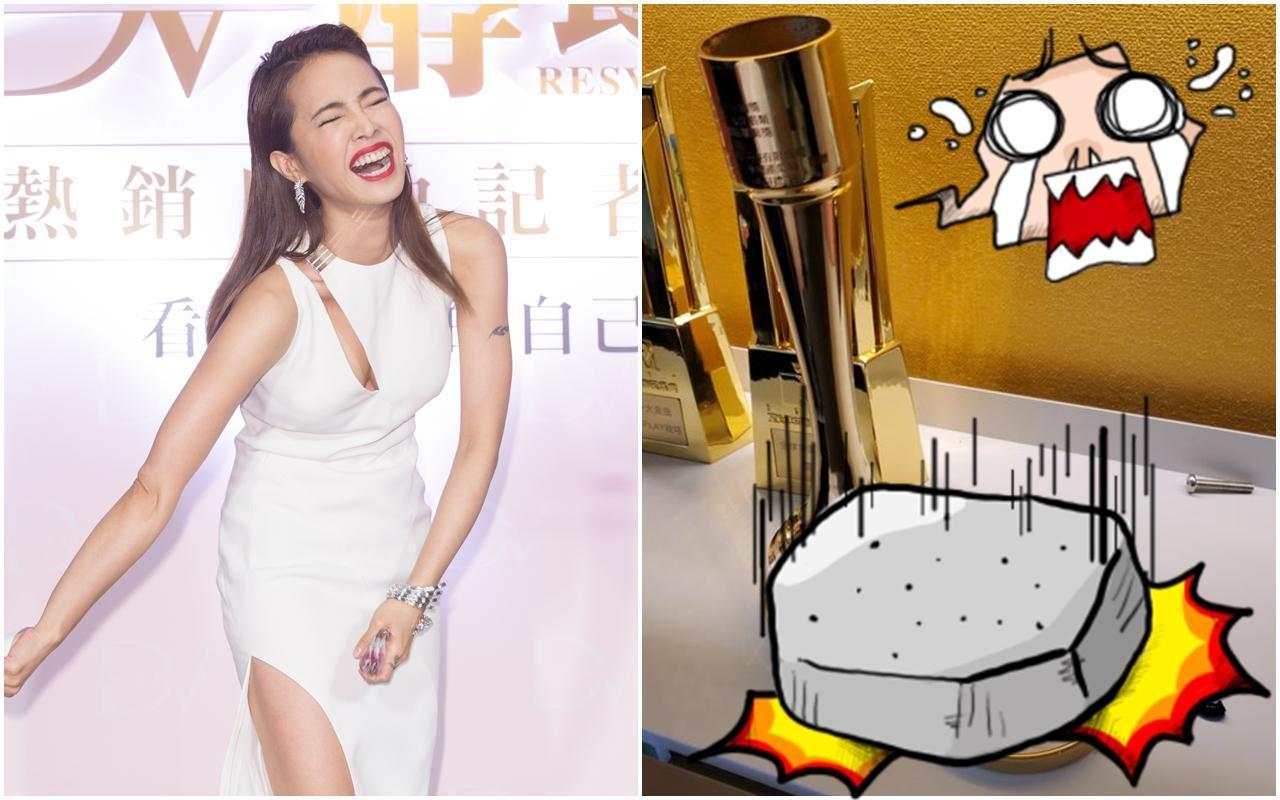 天后「Jolin」蔡依林也在臉書po出「悲劇」，連她的金曲獎座也遭震斷。（本刊資料照／翻攝自蔡依林臉書）