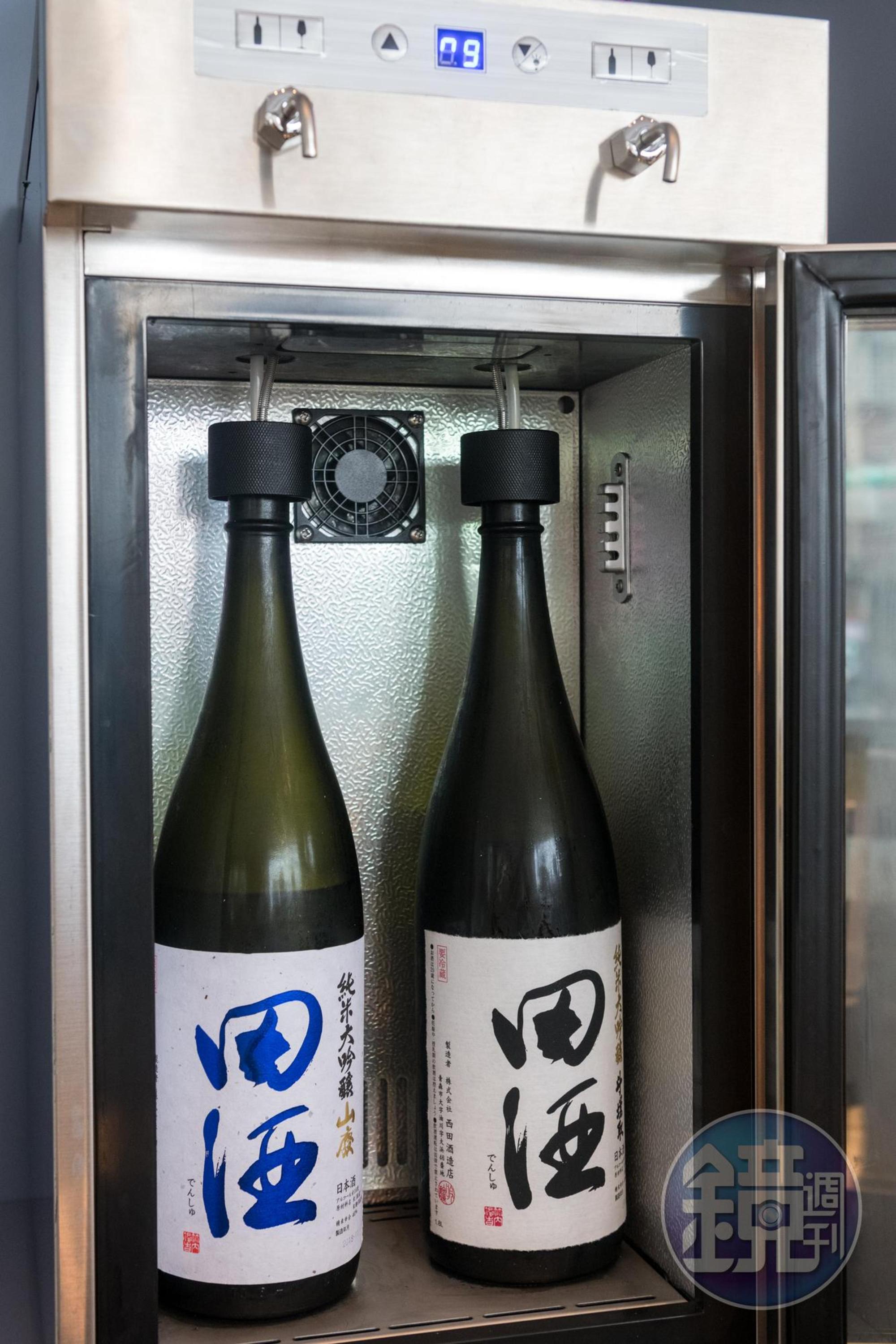 產量稀少的「田酒純米大吟釀山廢」「田酒斗罈取純米大吟釀」在這都可汲飲單杯。(500元、600元/杯)