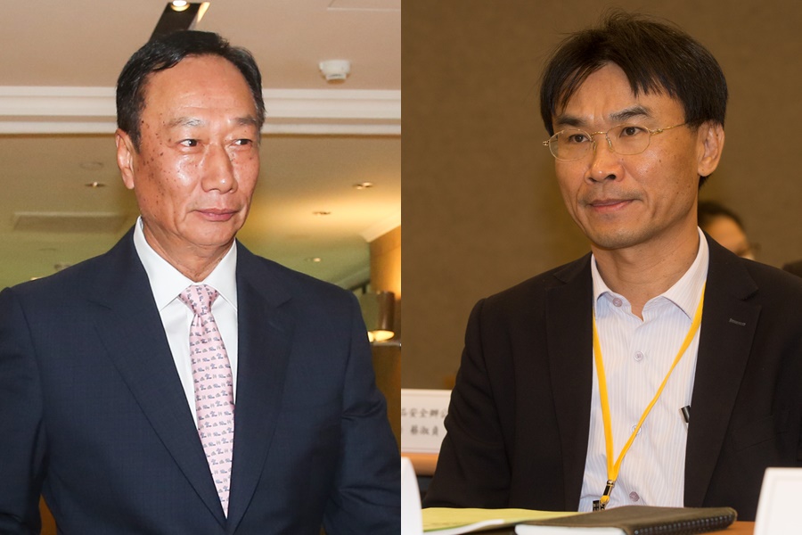 鴻海董事長郭台銘（左）指農委會主委陳吉仲（右）稱台灣有160萬人吃不飽，遭陳吉仲反駁移花接木。