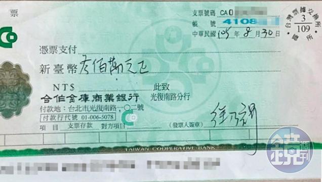 徐乃麟遭楊女指控,協助董女開立多張數百萬元支票,最後甚至跳票250萬元。(讀者提供)