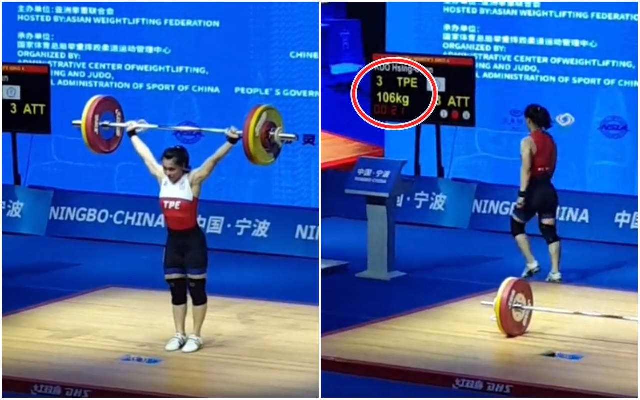 郭婞淳在抓舉第3把成功舉起106公斤，打破自己在去年世錦賽創下的105公斤世界紀錄，同時也奪得金牌。（翻攝自中華民國舉重協會臉書）