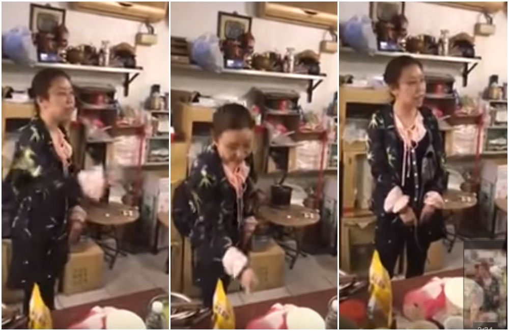 陸女大鬧饒河夜市店家，不僅在店內吐痰，被店家請離還嗆台灣只是個破破爛爛的省。（翻攝自爆料公社YouTube）
