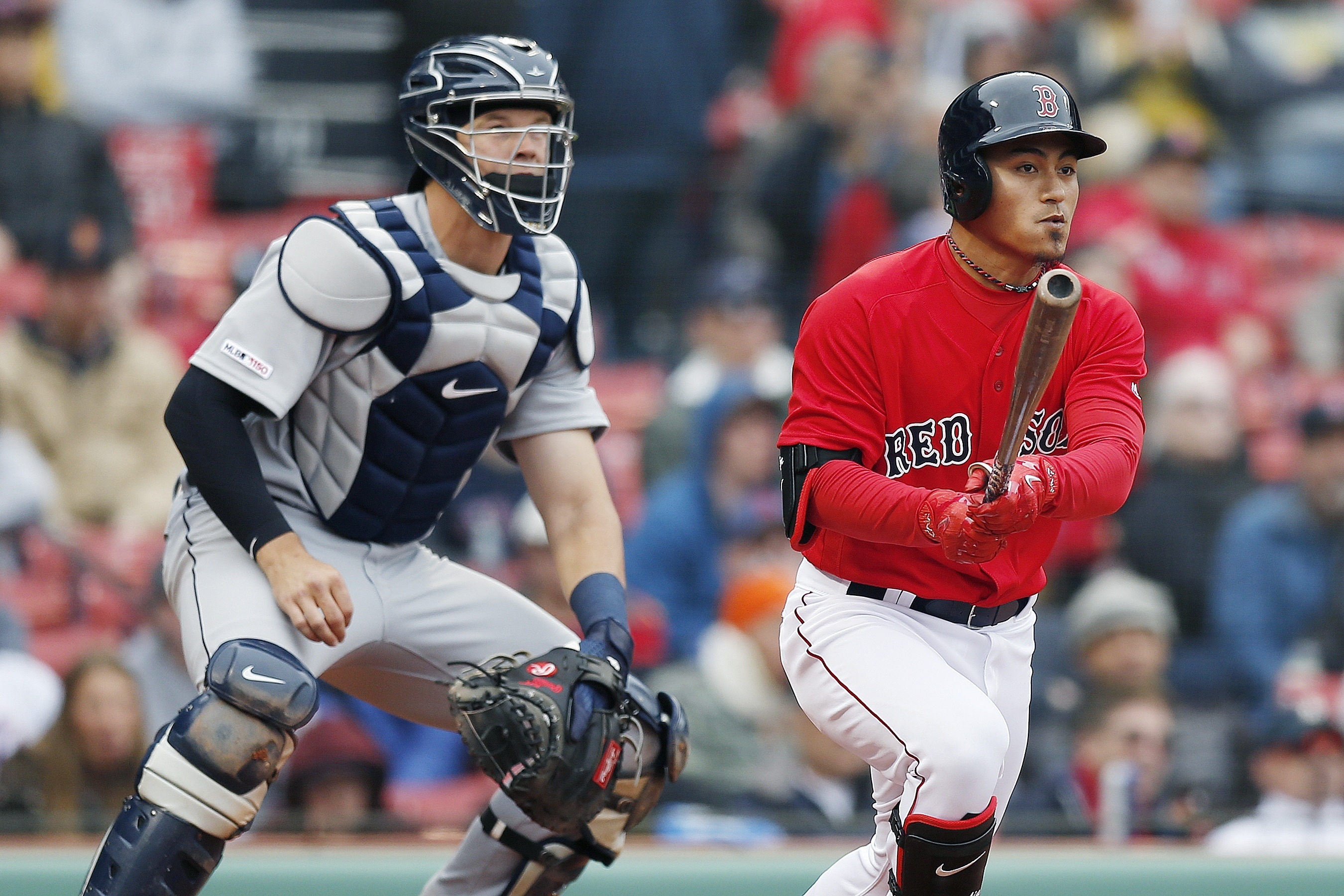 今天（美國時間4月23日）對上老虎雙重賽首戰，林子偉打出本季第1支長打。（東方IC）