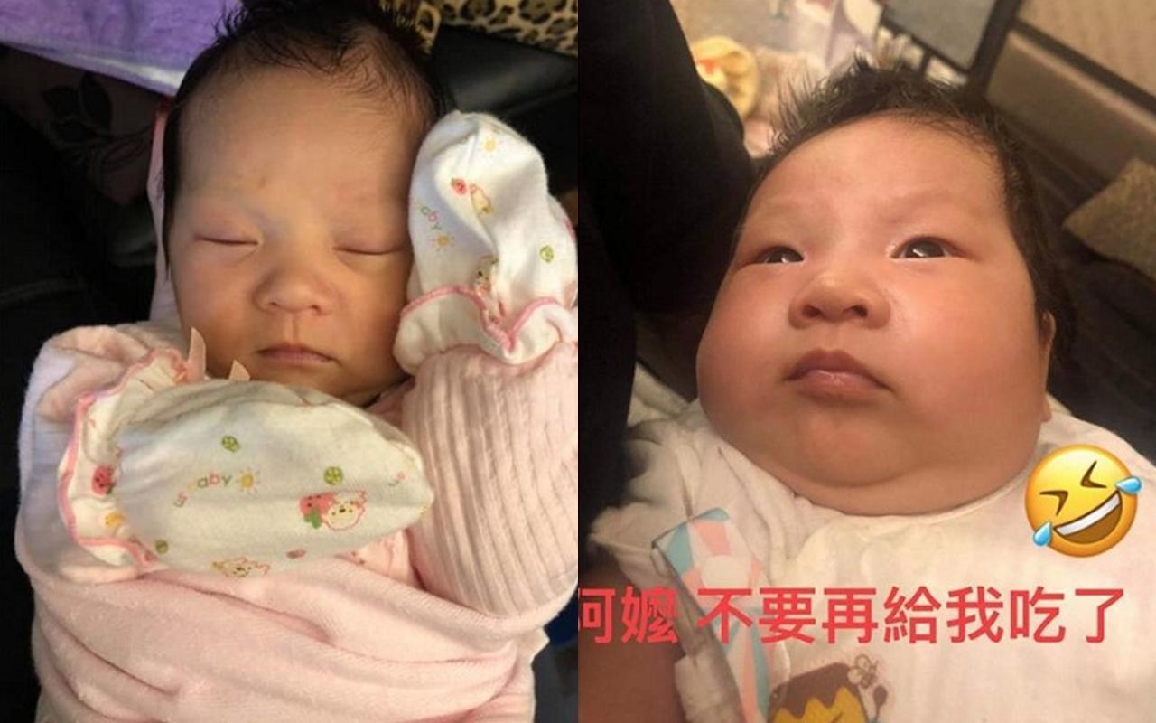 原本尖瘦臉形得小女嬰,被阿嬤照料到長出雙下巴。(翻攝自爆廢公社)