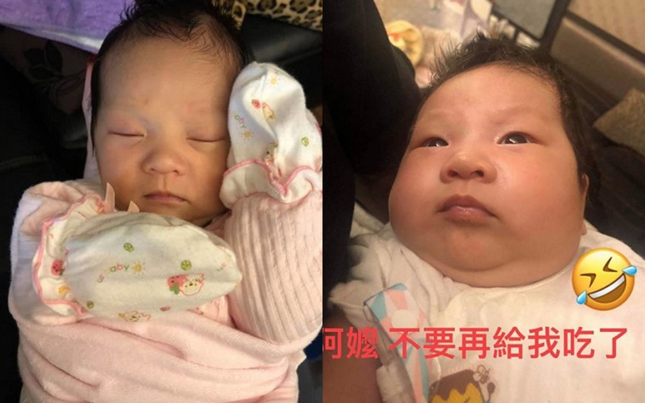 原本尖瘦臉形得小女嬰，被阿嬤照料到長出雙下巴。（翻攝自爆廢公社）