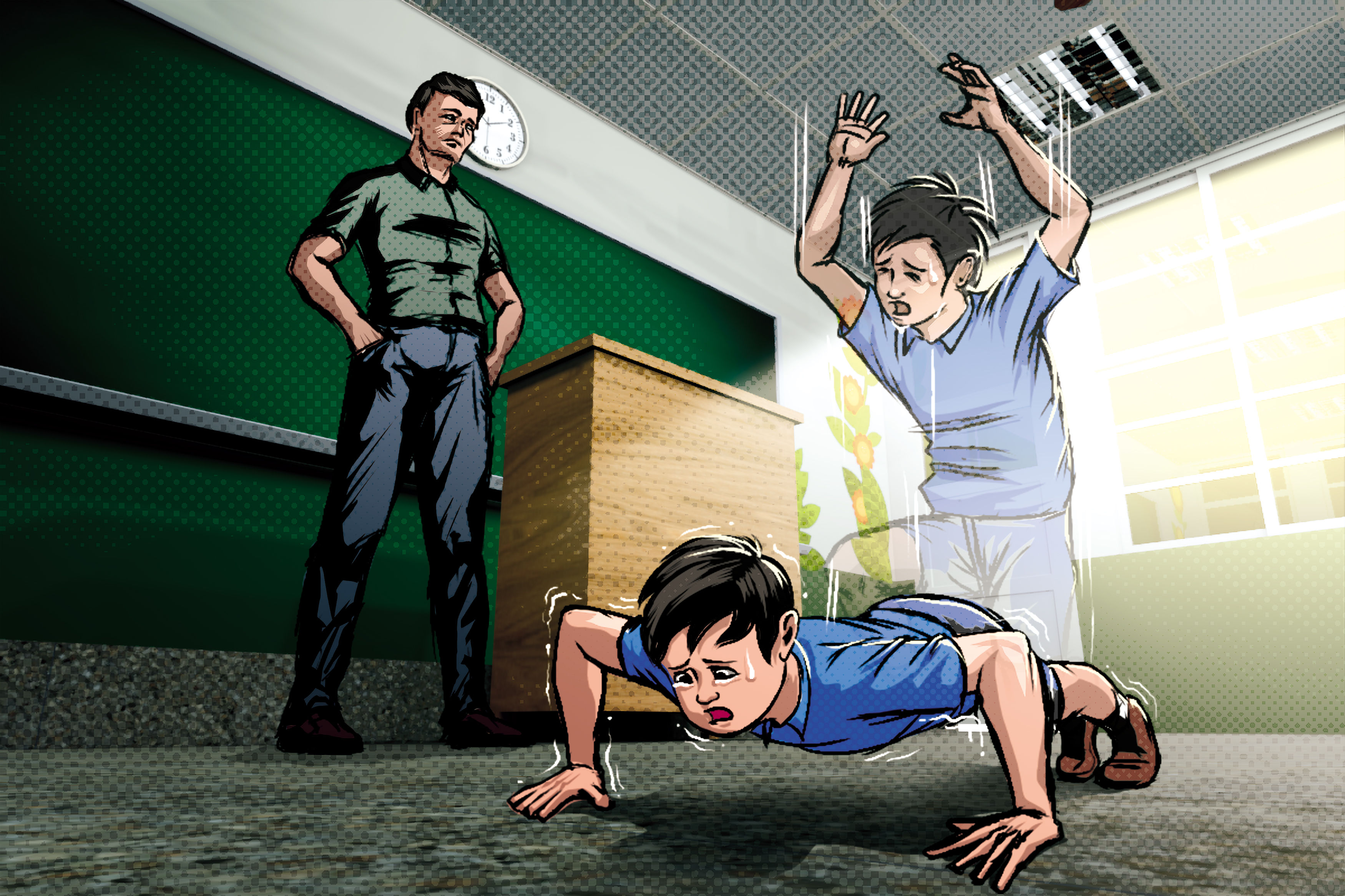 阿銘遭同儕捉弄，卻被代課老師罰做波比跳300下，讓他差點休克。