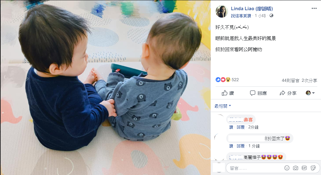 秀泰影城千金廖語晴(Linda)在臉書曝光一對雙胞胎兒子照片,大方承認已為人母。(翻攝自Linda臉書)