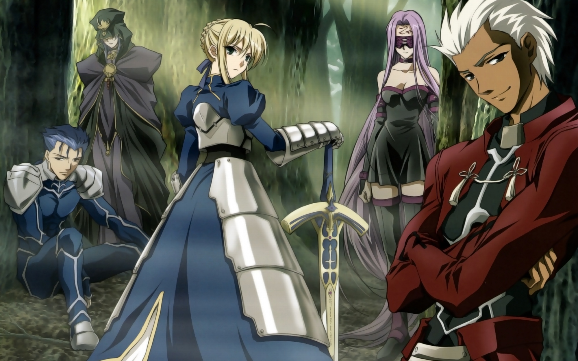 改編自知名遊戲《Fate/stay night》,由於故事劇情線龐雜,結局多達 45 個,故動畫沒有完全遵循遊戲的故事劇情,而是結合其中幾個劇情編出一個故事。是的,編的,你可以把他想成有無數個平行時空,同時進行很多故事。