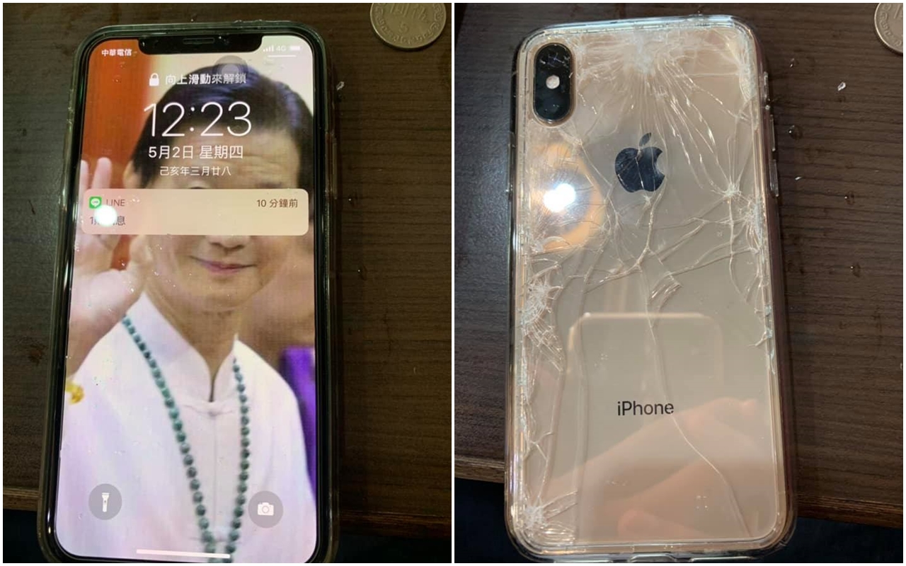 原po撿到「Seafood加持」手機，整支iPhone幾乎毫髮無傷，只有背面的保護貼摔成蜘蛛網狀。（翻攝自爆廢公社）