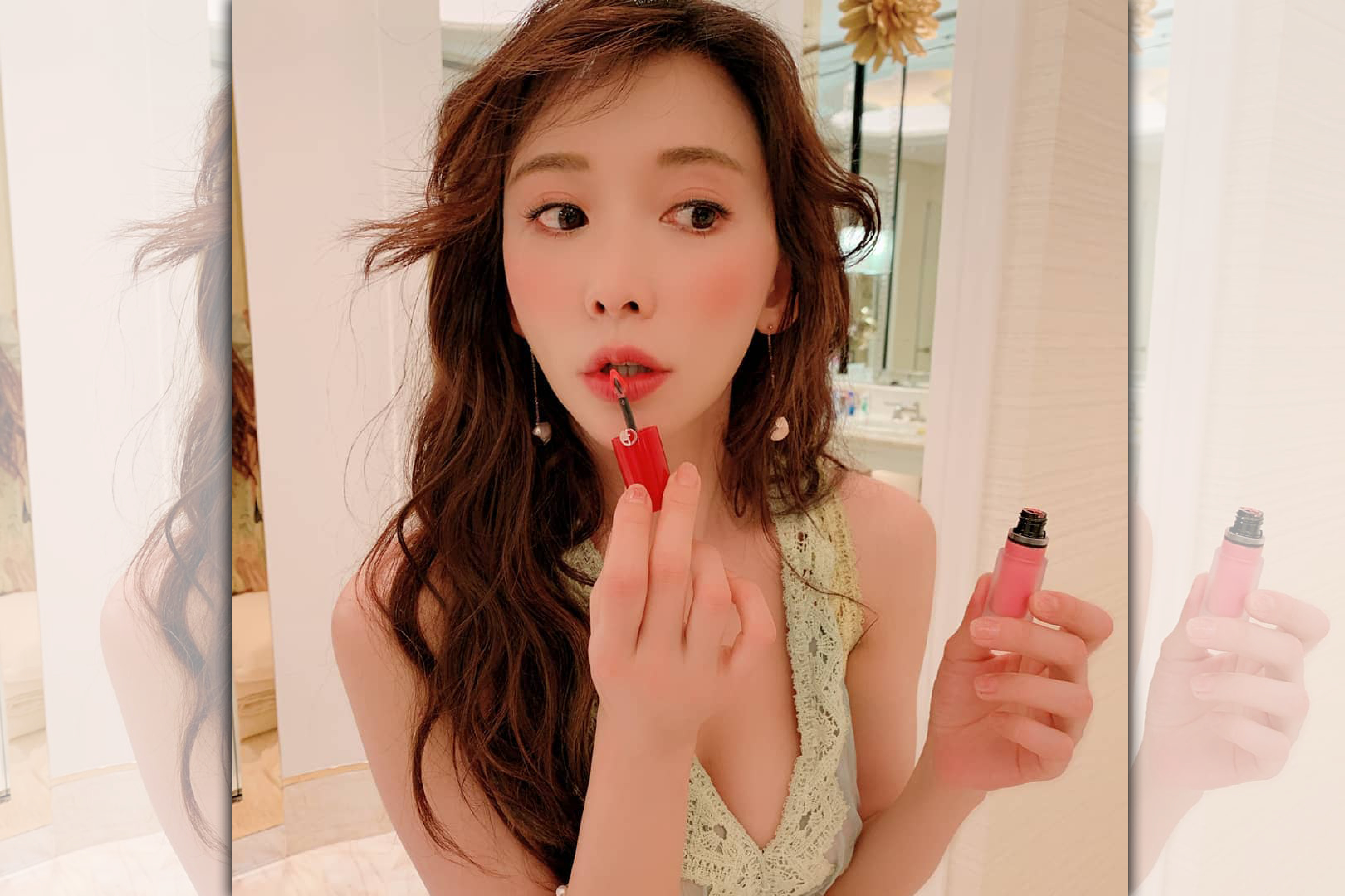 林志玲在IG分享擦口紅的模樣，她穿著淺綠色蕾絲薄紗禮服入鏡，胸前亮出左半球。（翻攝自林志玲IG）