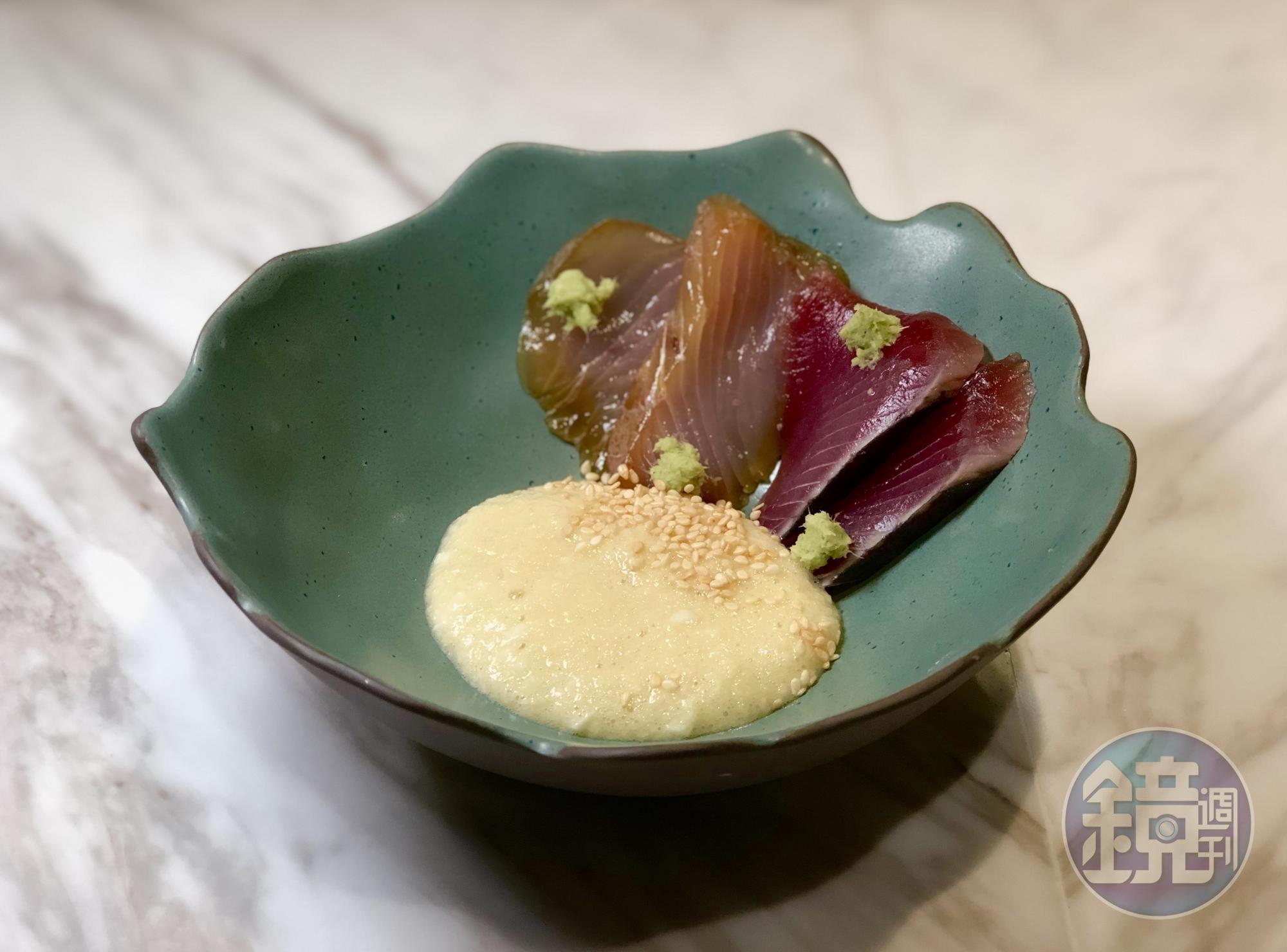 椀物緊接著是生魚片，以昆布與清酒醃漬的鬼頭刀與煙燻鰹魚搭配滑口的山藥。