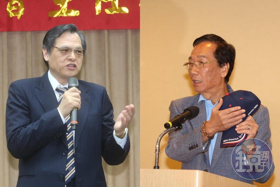 郭台銘今（6日）抨擊陸委會主委陳明通（左）扭曲他的言論，要蔡總統「別找不適任的主委當打手」。（合成照）
