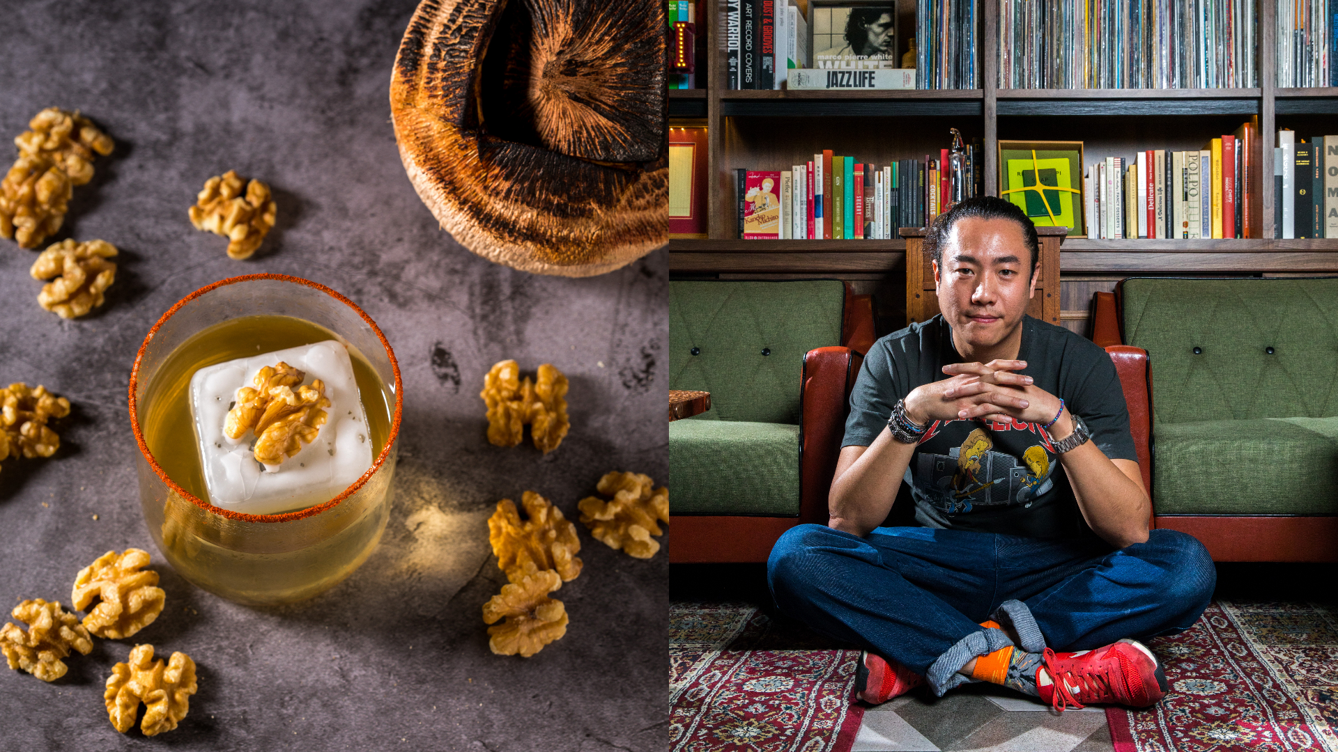 新調酒「漫步狂野路上」（左，500元／杯）不只好喝，內涵也很深遠。王牌調酒師尹德凱（右）帶領團隊腦力激盪，完成新酒單。