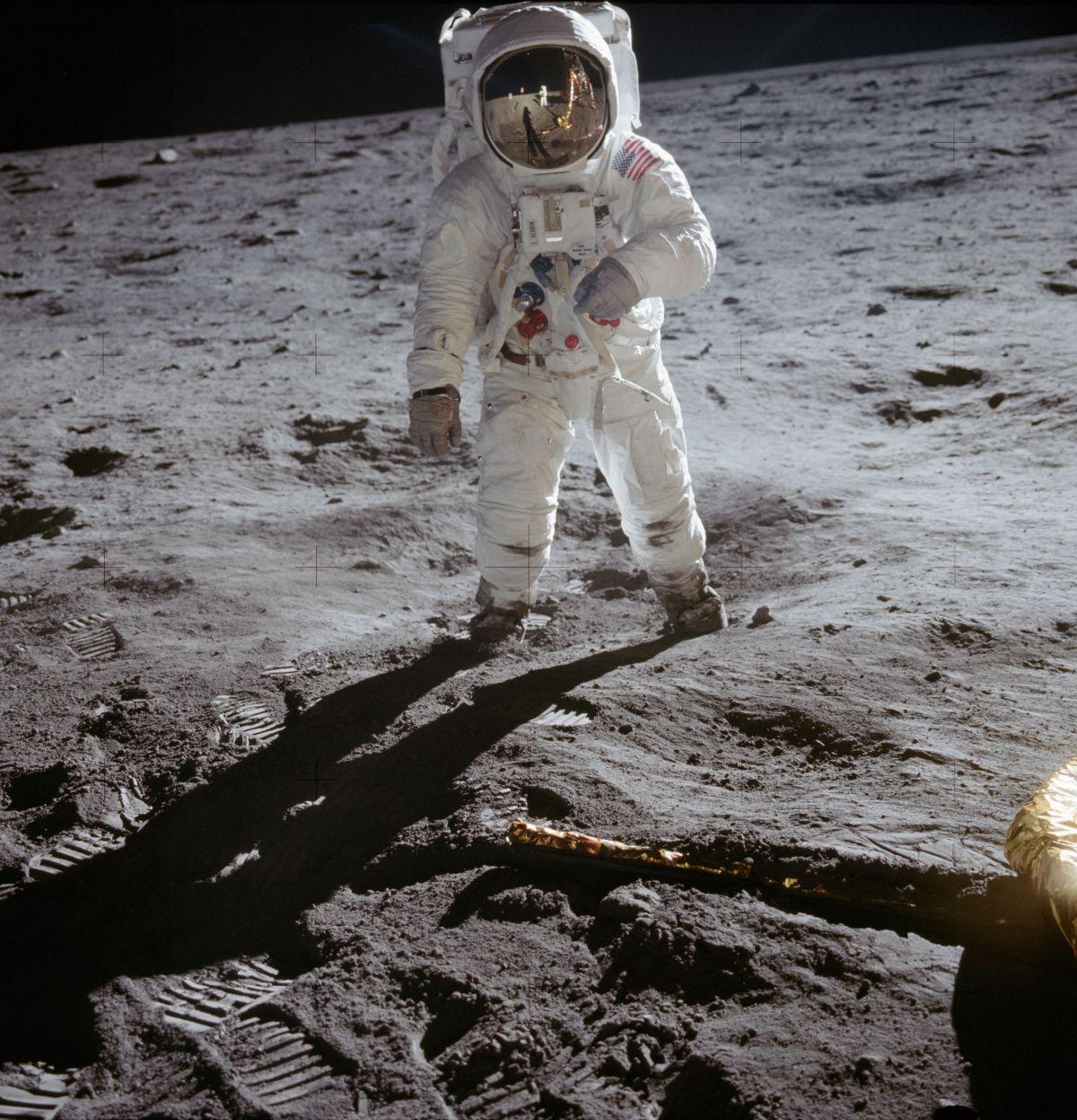 太空人伯茲艾德林（Buzz Aldrin）踏上月球表面時被拍下的影像。今年是人類成功登陸月球的50週年。（圖片提供：NASA）