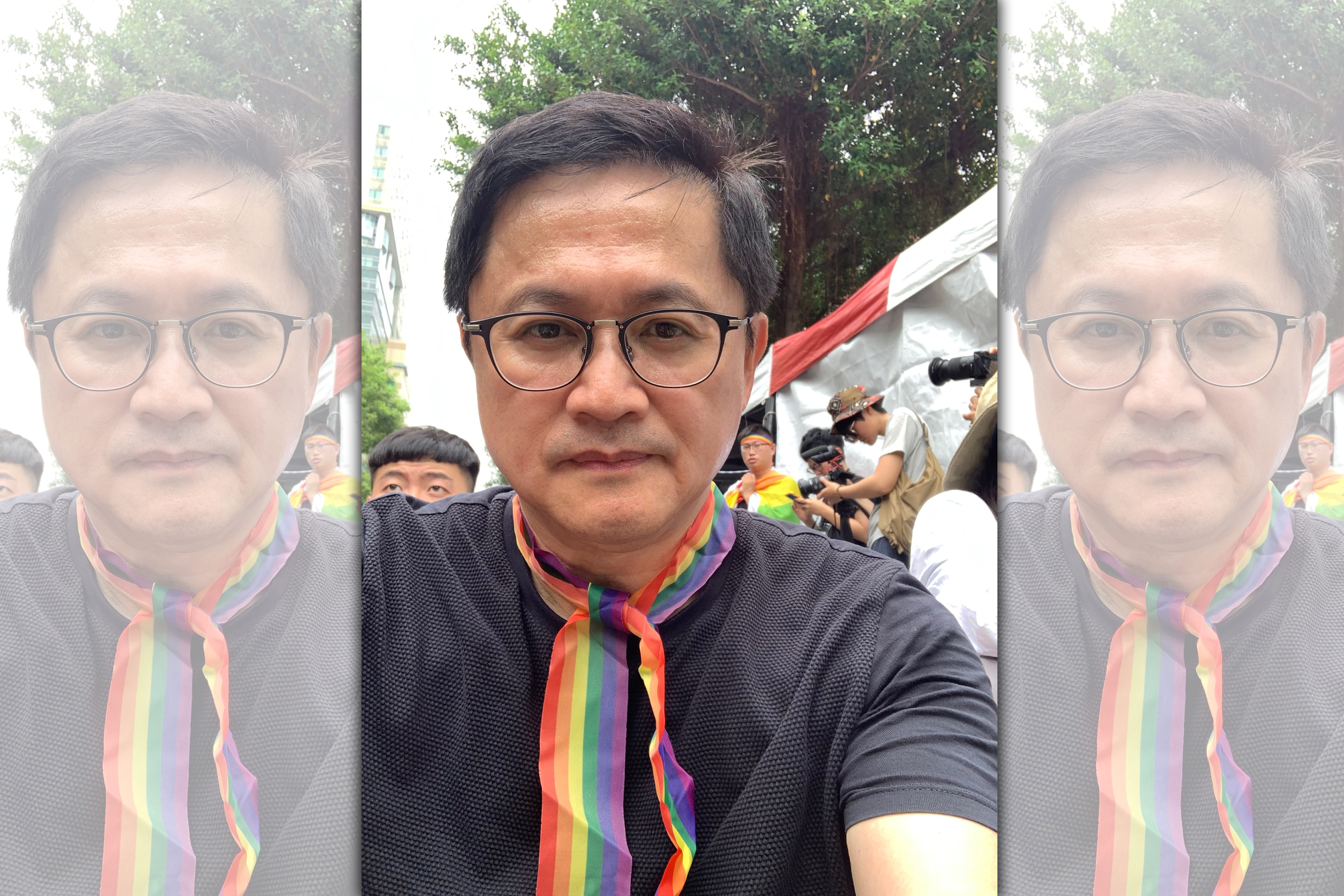 和碩董事長童子賢現身立院靜坐表達支持婚姻平權。（童子賢提供）