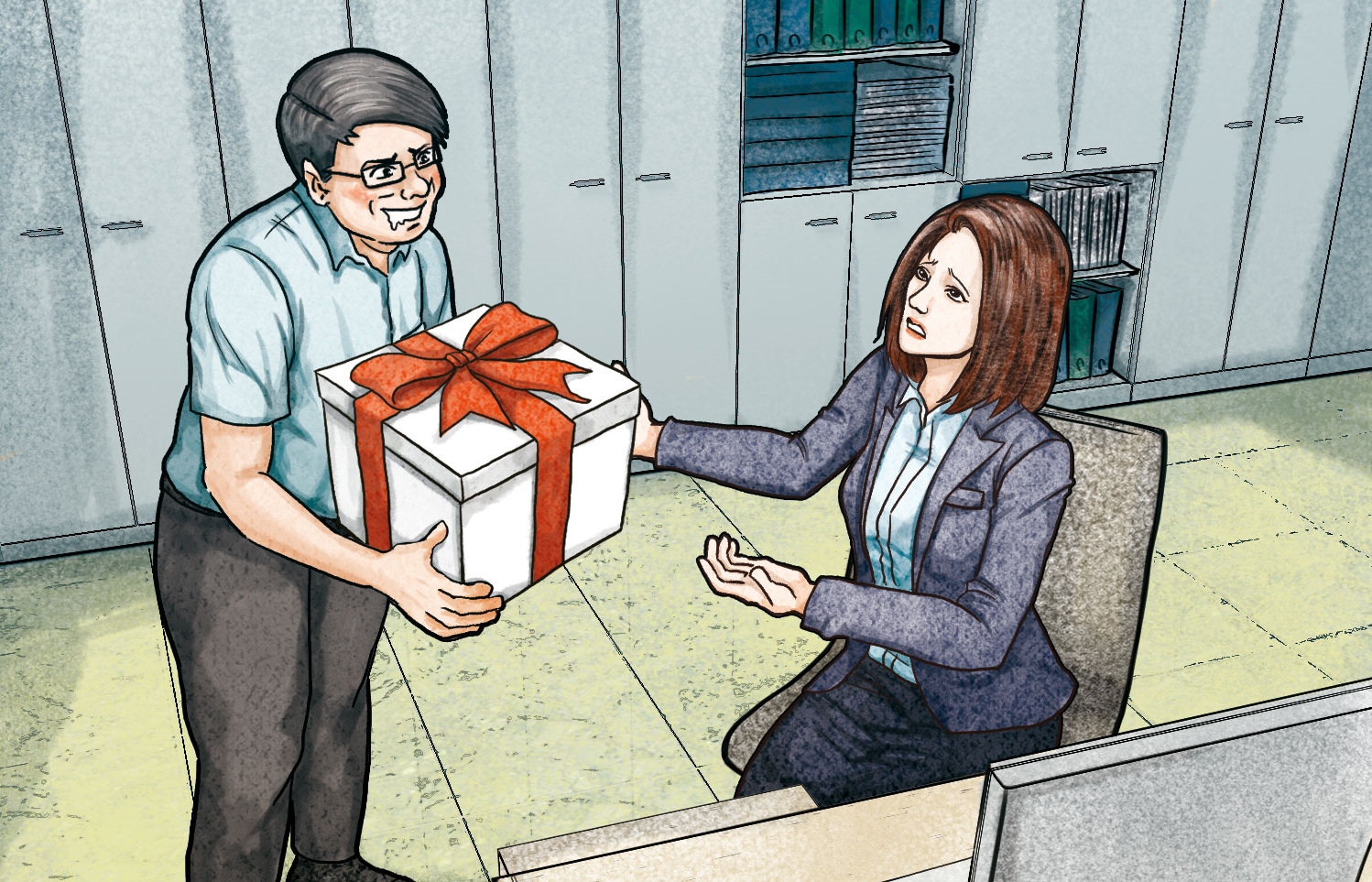 黃奕墉單身，常對女同仁獻殷勤，不時噓寒問暖外，還會硬送小禮物，女同事一旦收下，便會被傳和他交往。（示意畫面）