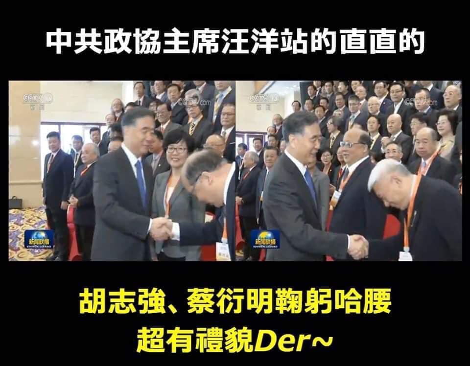 李安妮在臉書貼出網路流傳的蔡衍明、胡志強見中國政協主席汪洋彎腰鞠躬的圖片。（翻攝李安妮臉書）