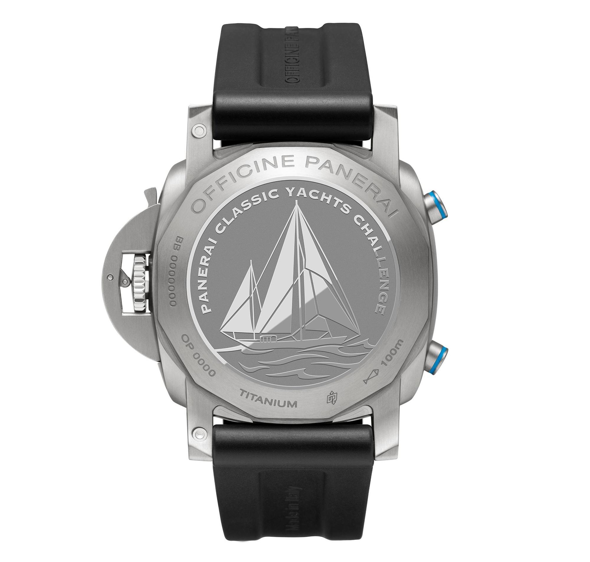 PAM00764的實心後底蓋上鐫刻古典帆船圖案,以及「PANERAI CLASSIC YACHTS CHALLENGE」字樣。