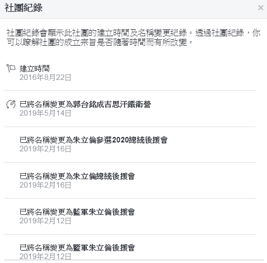 臉書社團「朱立倫參選2020總統後援會」，在14日也改名成「郭台銘成吉思汗鐵衛營」。（翻攝自郭台銘成吉思汗鐵衛營臉書社團）