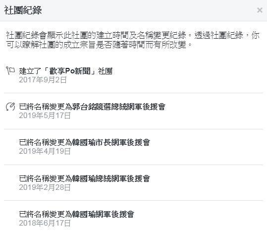 臉書社團「韓國瑜市長網軍後援會」成員逾2萬8千人，昨（17日）晚無預警改名為「郭台銘競選總統網軍後援會」。（翻攝自郭台銘競選總統網軍後援會臉書社團）