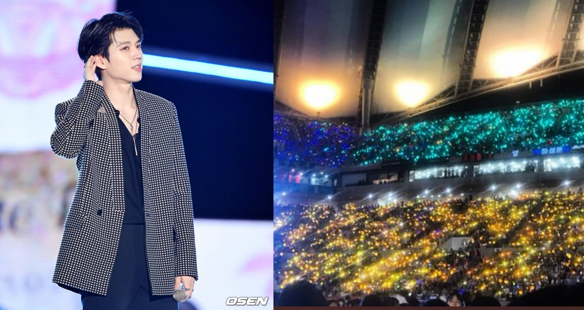 INFINTE南優鉉在夢想演唱會對INSPIRIT深相相望，讓別家粉絲超羨慕。（左圖翻攝OSEN新聞，右圖翻攝南優鉉推特）