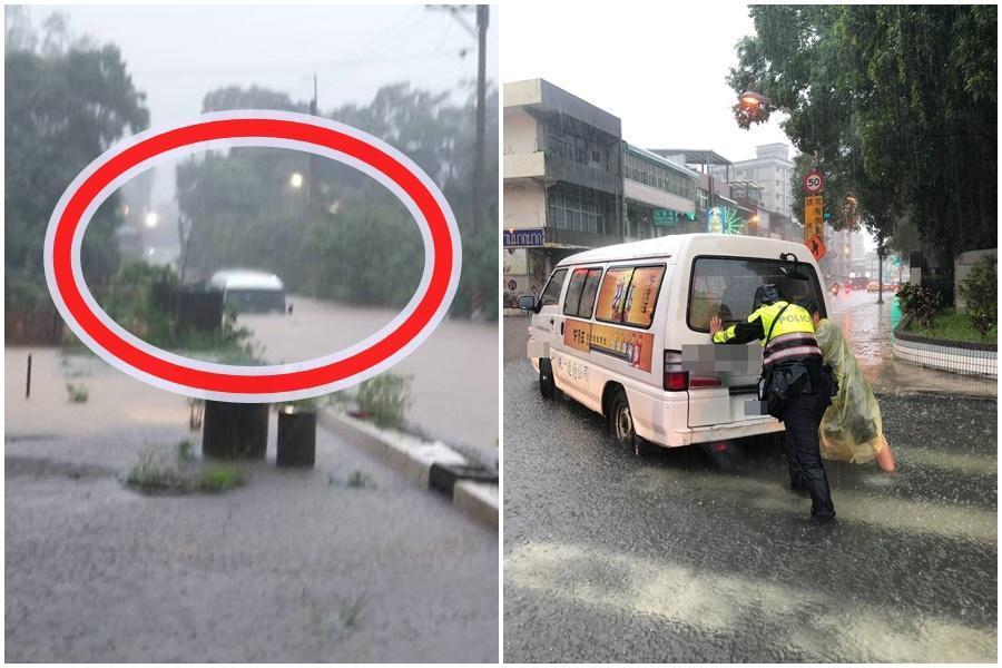 林口小巴受困深約150公分的積水中；桃園龜山女警協助推車。（左圖新北市消防局提供、右圖警方提供）