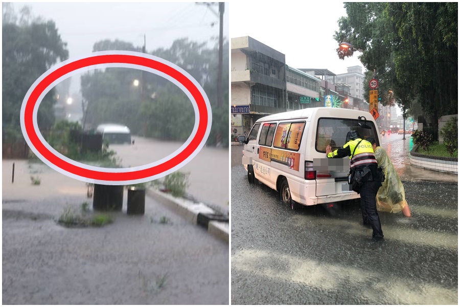 林口小巴受困深約150公分的積水中；桃園龜山女警協助推車。（左圖新北市消防局提供、右圖警方提供）