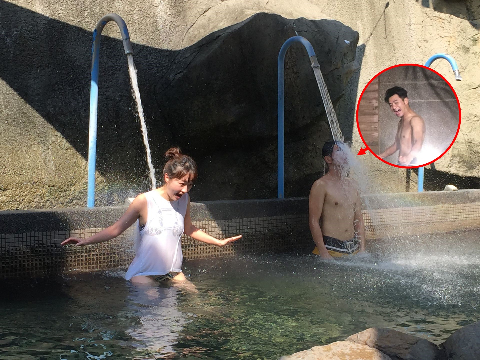 郭彥均和巴鈺來到谷關出外景，享受冷熱池泡湯。（中天提供）