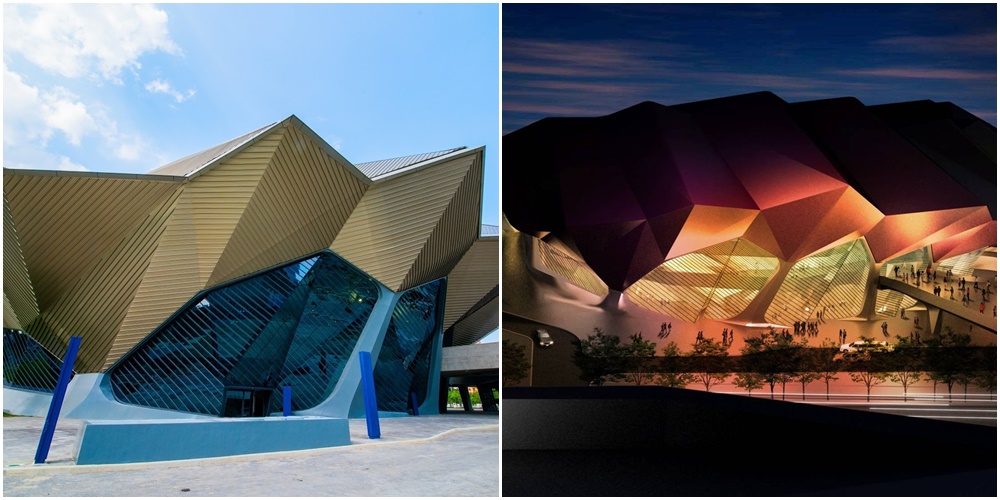 北流表演廳在陽光照射下顯露金色光澤，像一艘太空航母。（北流提供）