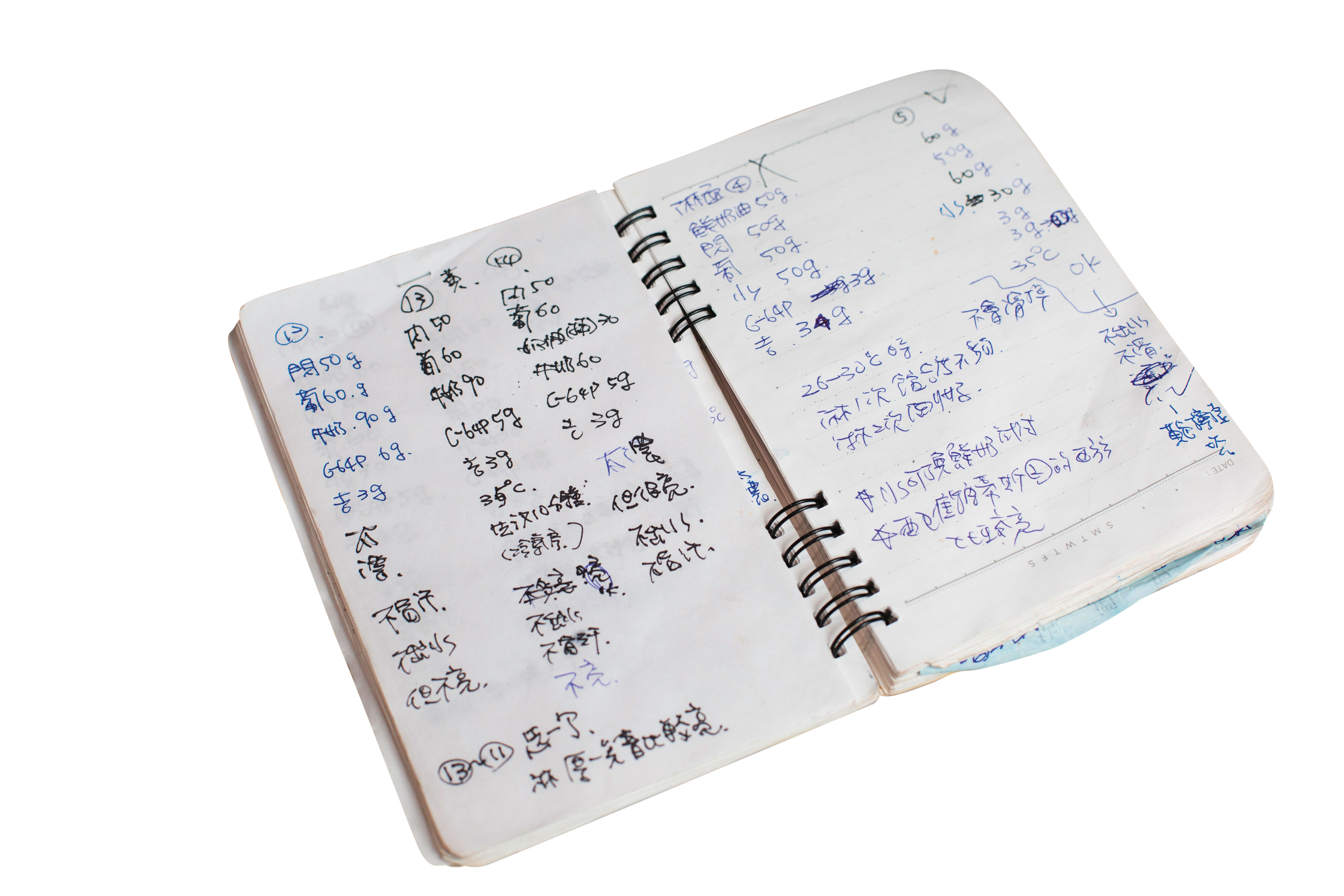 營業日之外的時間，Rico會不斷試驗配方，紀錄在筆記本上。