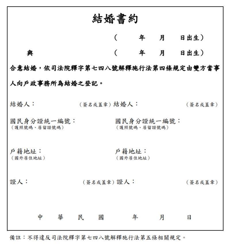 結婚書約。(翻攝自內政部戶政司網站)