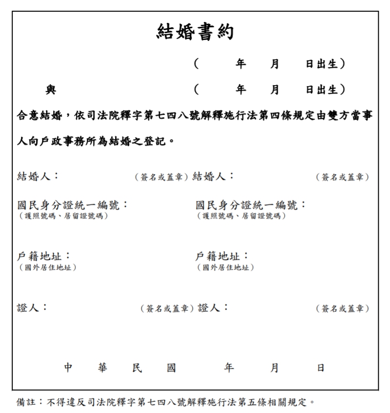 結婚書約。（翻攝自內政部戶政司網站）