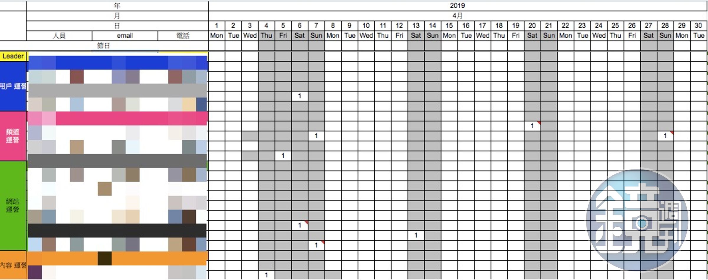 本刊取得的值班表顯示，4月份多人被要求假日甚至清明節值班，但能在當月補休的員工僅是少數。（讀者提供）