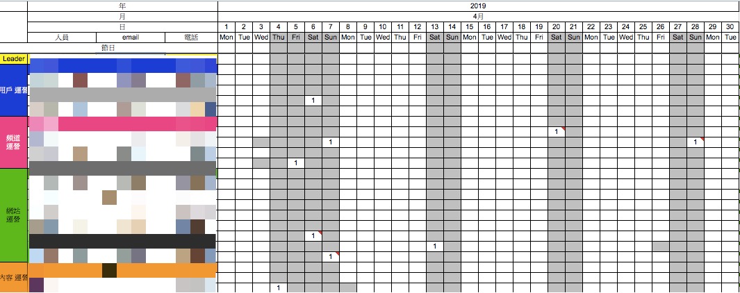 本刊取得的值班表顯示，4月份多人被要求假日甚至清明節值班，但能在當月補休的員工僅是少數。（讀者提供）