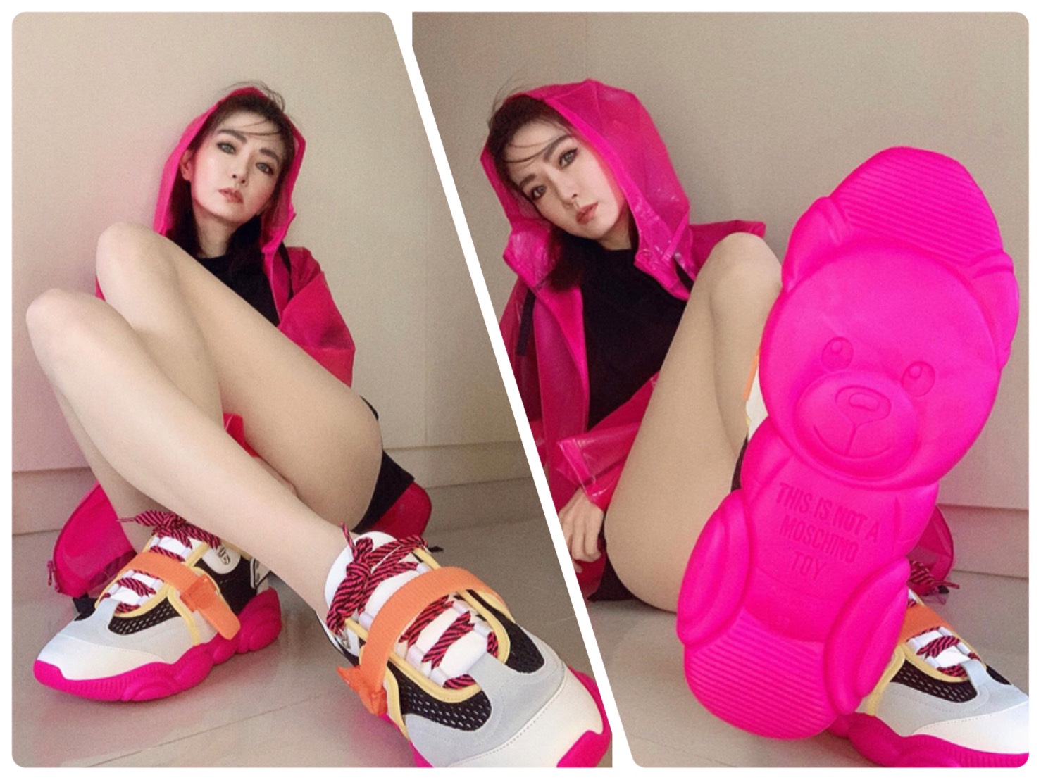 謝金燕大搞下半身失蹤戲碼，只為秀出泰迪運動鞋系列的可愛熊臉。（MOSCHINO提供）