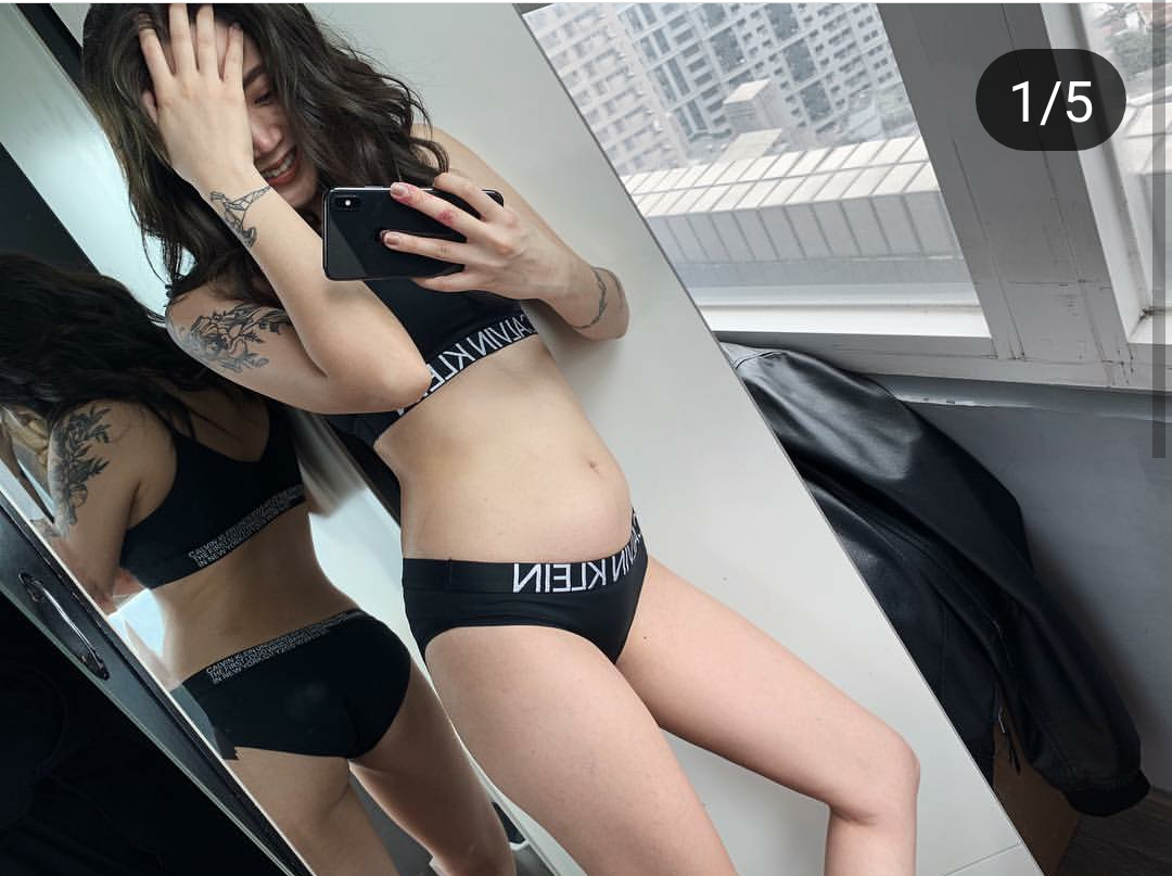 陳艾琳在IG秀出穿背心和內褲的辣照，幾乎看不出是個孕婦。（翻攝自陳艾琳IG）