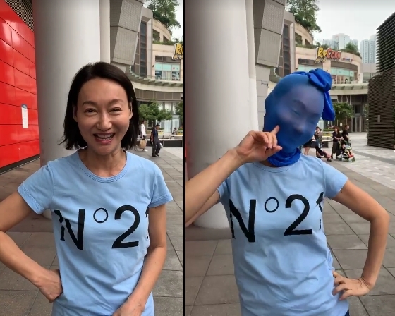 惠英紅言出必行,日前在地鐵站頭戴絲襪快閃。(翻攝自惠英紅臉書)