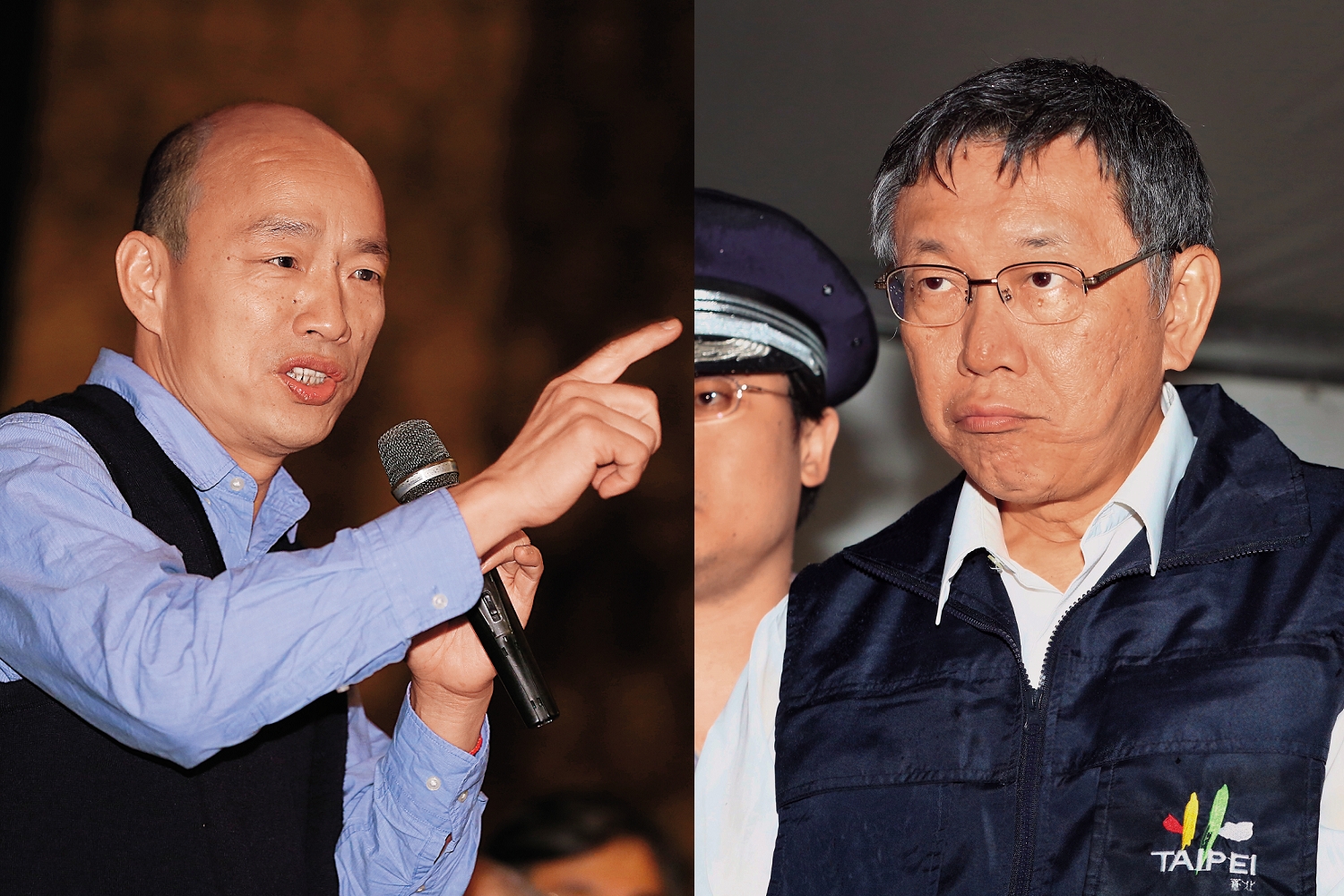 柯文哲（右）韓國瑜（左）總統民調拉近，柯P日前赴雄中演講，傳出韓市府暗自「卡柯」。