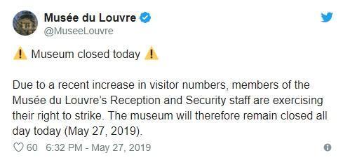 羅浮宮官方推特公告27日因罷工閉館。(翻攝自Musée du Louvre推特)