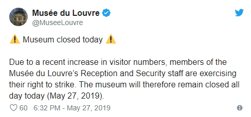 羅浮宮官方推特公告27日因罷工閉館。(翻攝自Musée du Louvre推特)