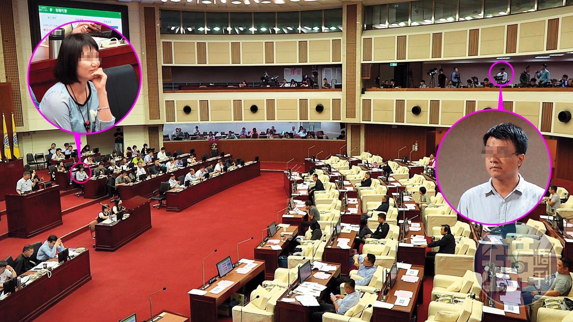 台北市長柯文哲5月20日到議會進行專案報告並備詢,女幕僚卻在台下與工務局男科長眉來眼去。