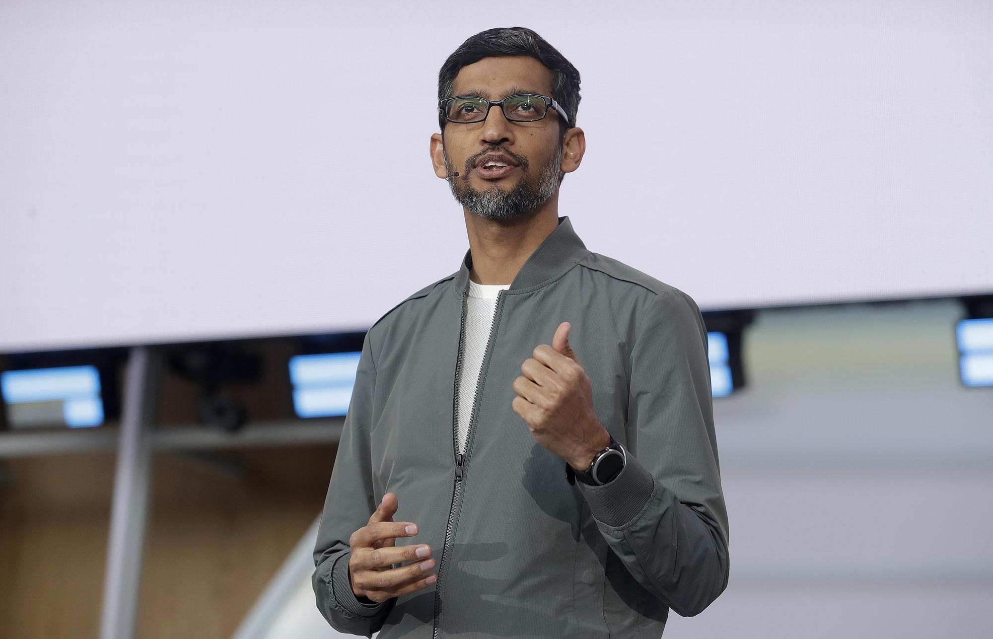Google現任執行長皮柴，在山景城總部發表keynote演說。（東方IC）