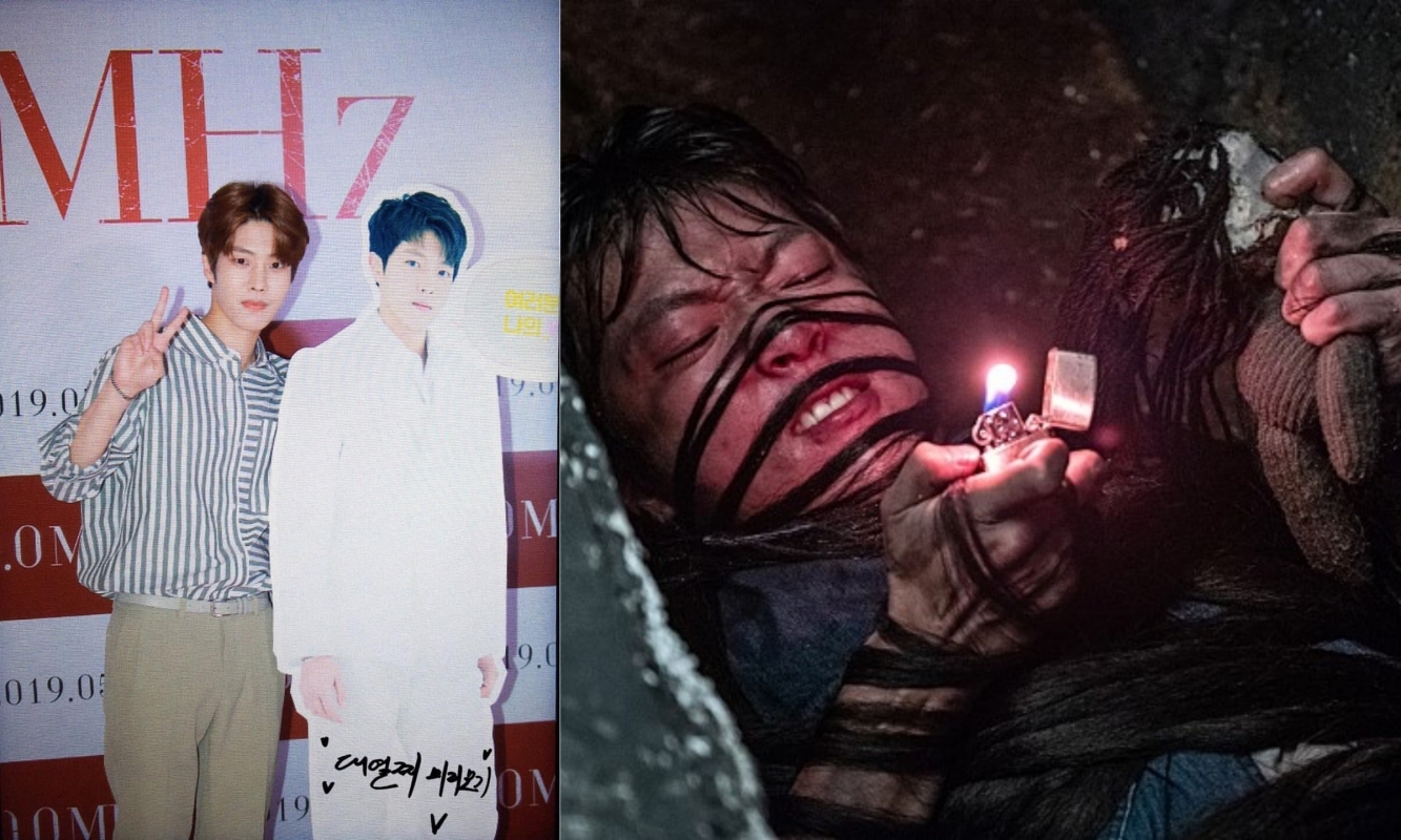 APINK成員為恩地大銀幕處女秀站台，INFINITE成烈的弟弟大烈跟哥哥的人型立牌合照。（合成圖片，翻攝自恩地IG，右為網路圖片）